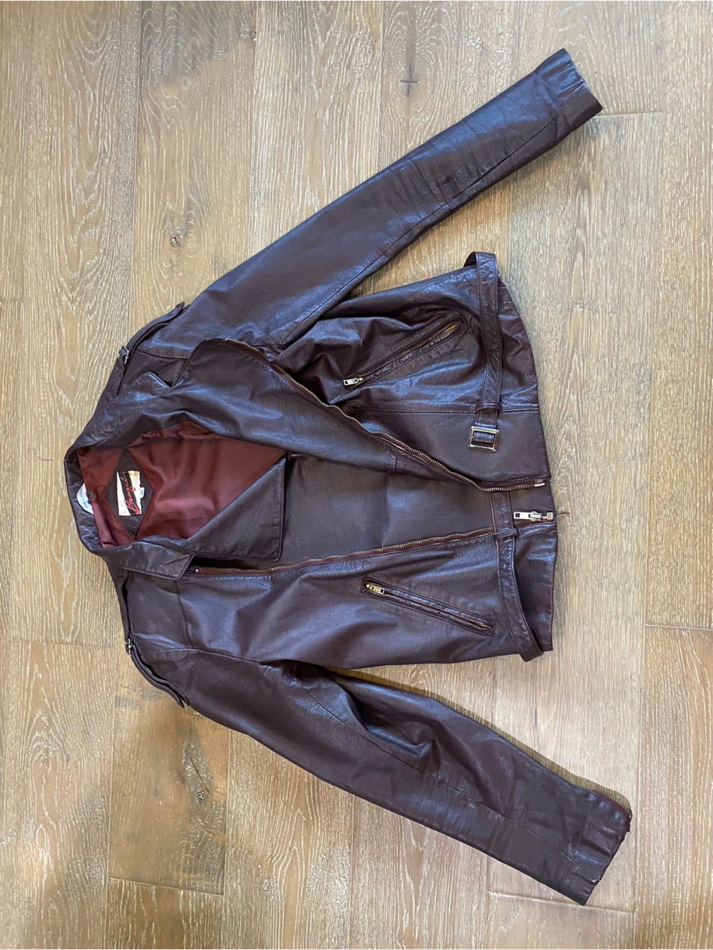 Banzai 80s Leather Motorcycle Belted Zip Up Jacket Maroon Brown Draped Waterfall - Picture 2 of 9